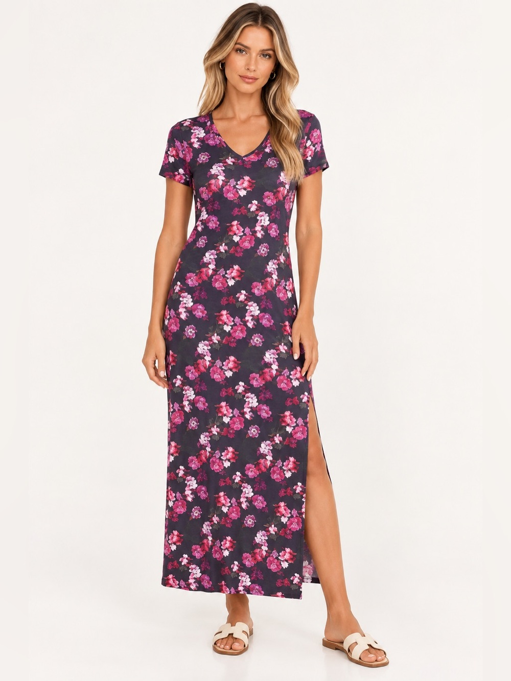 157.375$ NWT Floral Maxi Dress with Pink and Purple Flowers